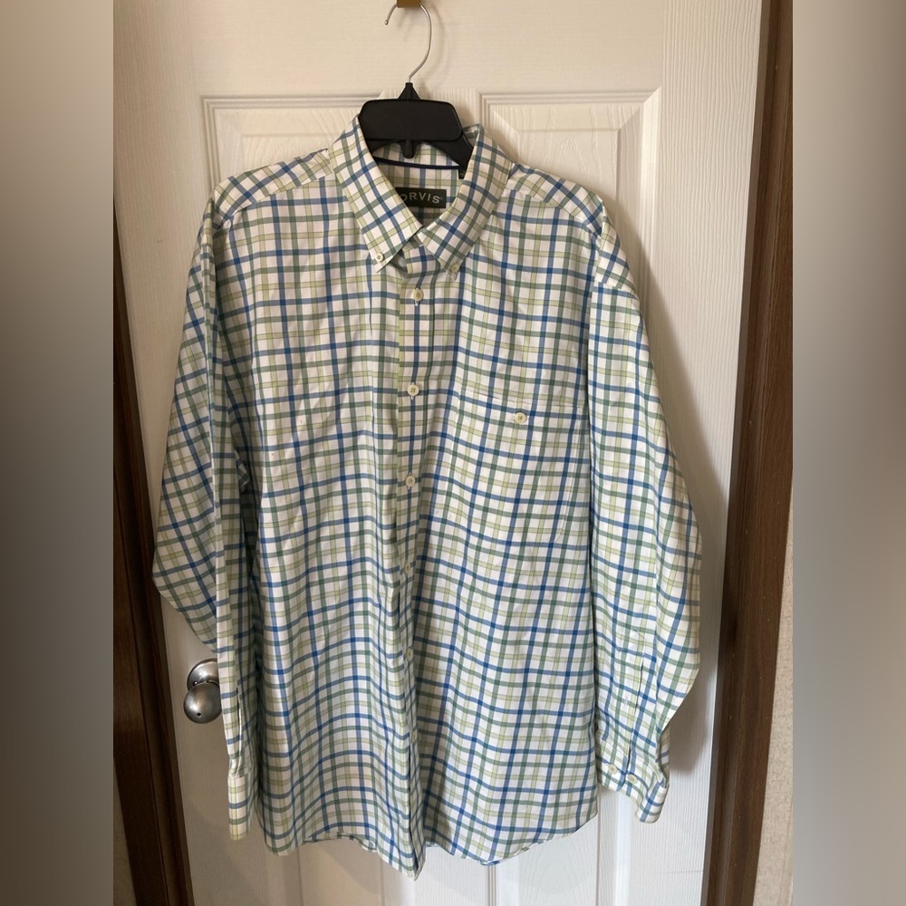 Orvis Men's White and Blue Plaid Button Down Shirt